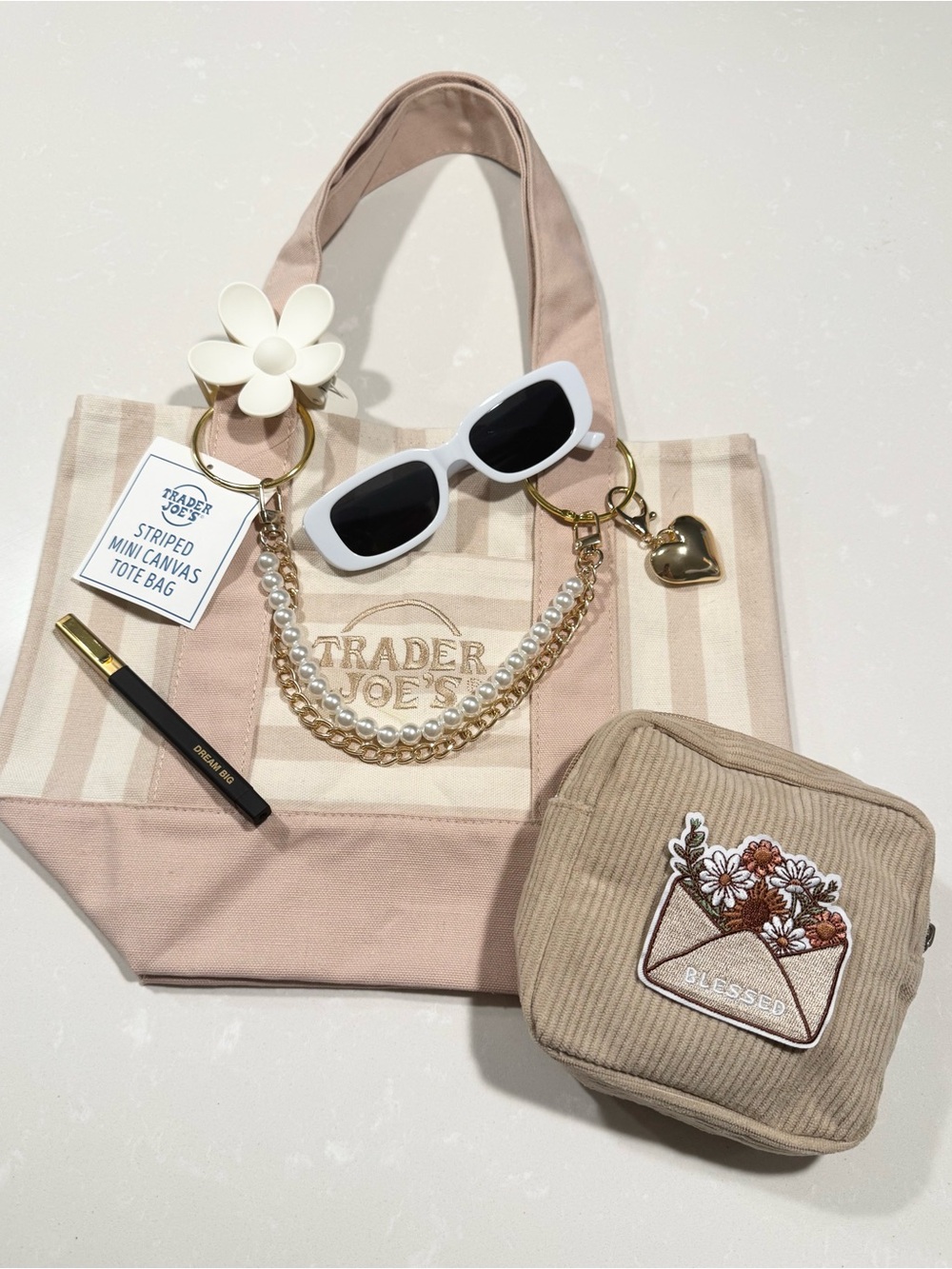 Bible Bag Trader Joe's Pink Striped Mini Canvas Tote Bag with Pearl Chain Accent